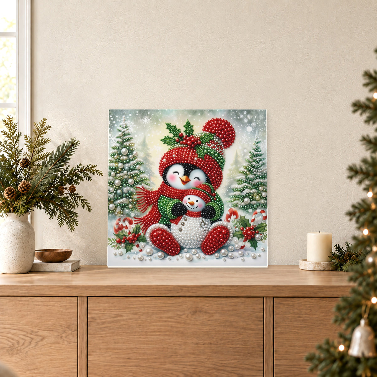 Manchot câlinant un petit bonhomme de neige à Noël