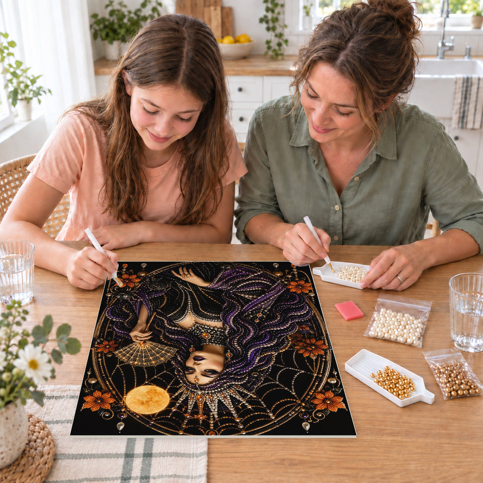 Mother and daughter creating one shared Pearl artwork — Purple-Haired Spiderweb Queen. Pearl diamond painting DIY kit by Isuvio.