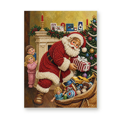 Straight dimensional white-background mockup of the complete artwork — Santa Unpacking Toys Beside the Fireplace. Pearl diamond painting DIY kit by Isuvio.