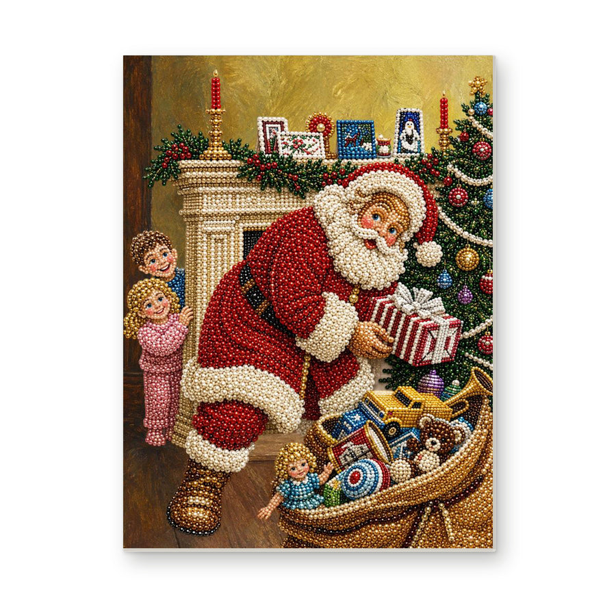 Straight dimensional white-background mockup of the complete artwork — Santa Unpacking Toys Beside the Fireplace. Pearl diamond painting DIY kit by Isuvio.