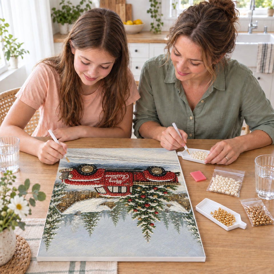 Mother and daughter creating one shared Pearl artwork — Red Christmas Pickup in a Snowy Cottage Village. Pearl diamond painting DIY kit by Isuvio.