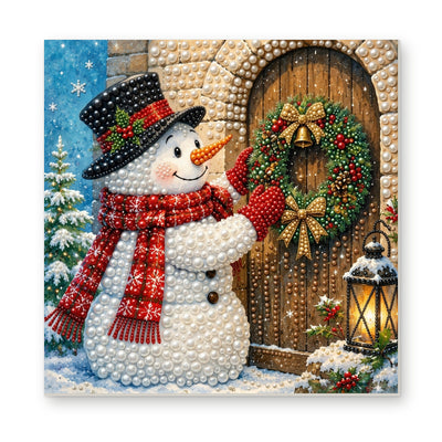 Straight dimensional white-background mockup of the complete artwork — Snowman Hanging a Christmas Wreath. Pearl diamond painting DIY kit by Isuvio.