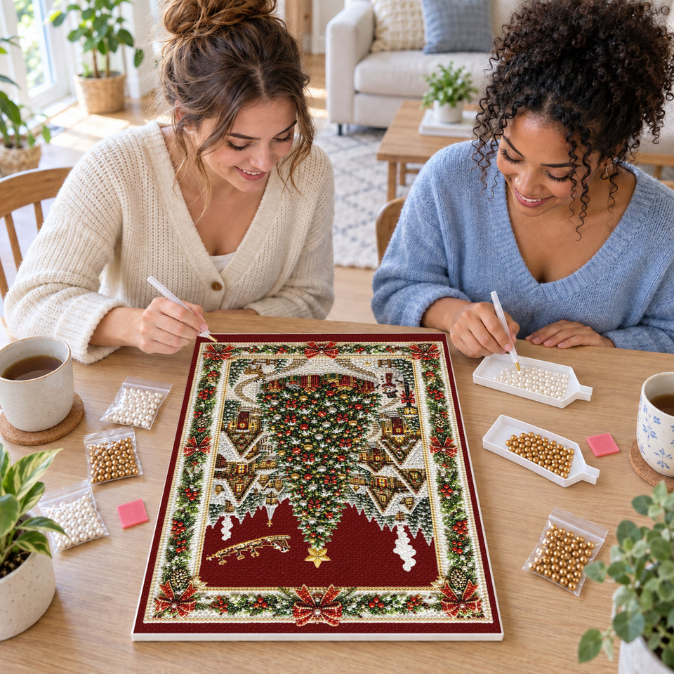 Two friends creating one shared Pearl artwork — Christmas Village Tree and Red Bows. Pearl diamond painting DIY kit by Isuvio.