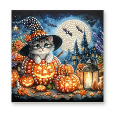 Straight dimensional white-background mockup of the complete artwork — Witch Kitten among Glowing Pumpkin Lanterns. Pearl diamond painting DIY kit by Isuvio.