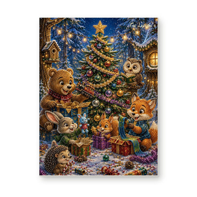 Straight dimensional white-background mockup of the complete artwork — Woodland Friends around the Christmas Tree. Pearl diamond painting DIY kit by Isuvio.