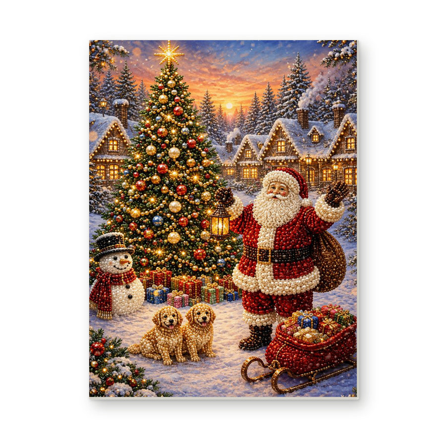 Straight dimensional white-background mockup of the complete artwork — Santa and Puppies Beside a Village Christmas Tree. Pearl diamond painting DIY kit by Isuvio.