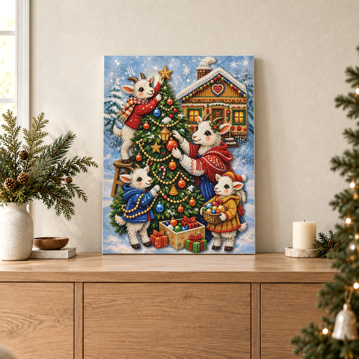 Petits agneaux décorant un sapin de Noël