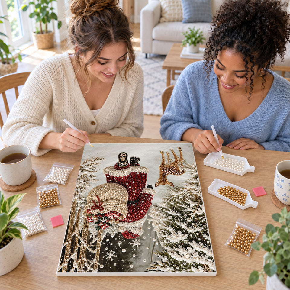 Two friends creating one shared Pearl artwork — Santa's Snowy Forest Delivery. Pearl diamond painting DIY kit by Isuvio.