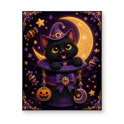 Straight dimensional white-background mockup of the complete artwork — Black Cat in a Purple Witch Hat with Pumpkin Charms. Pearl diamond painting DIY kit by Isuvio.