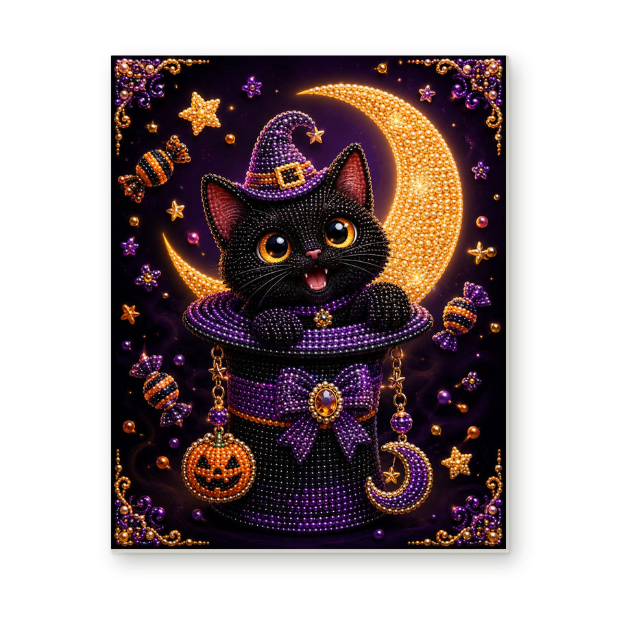 Straight dimensional white-background mockup of the complete artwork — Black Cat in a Purple Witch Hat with Pumpkin Charms. Pearl diamond painting DIY kit by Isuvio.