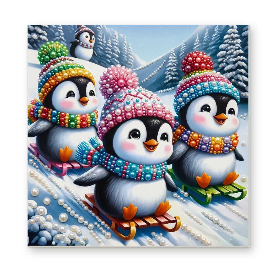 Straight dimensional white-background mockup of the complete artwork — Penguins Sledding Down a Snowy Mountain. Pearl diamond painting DIY kit by Isuvio.