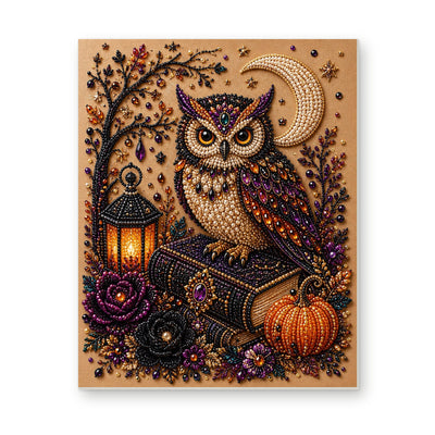 Straight dimensional white-background mockup of the complete artwork — Jeweled Owl on Spell Books Beside a Lantern. Pearl diamond painting DIY kit by Isuvio.