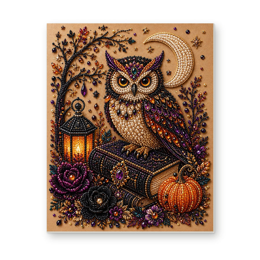 Straight dimensional white-background mockup of the complete artwork — Jeweled Owl on Spell Books Beside a Lantern. Pearl diamond painting DIY kit by Isuvio.