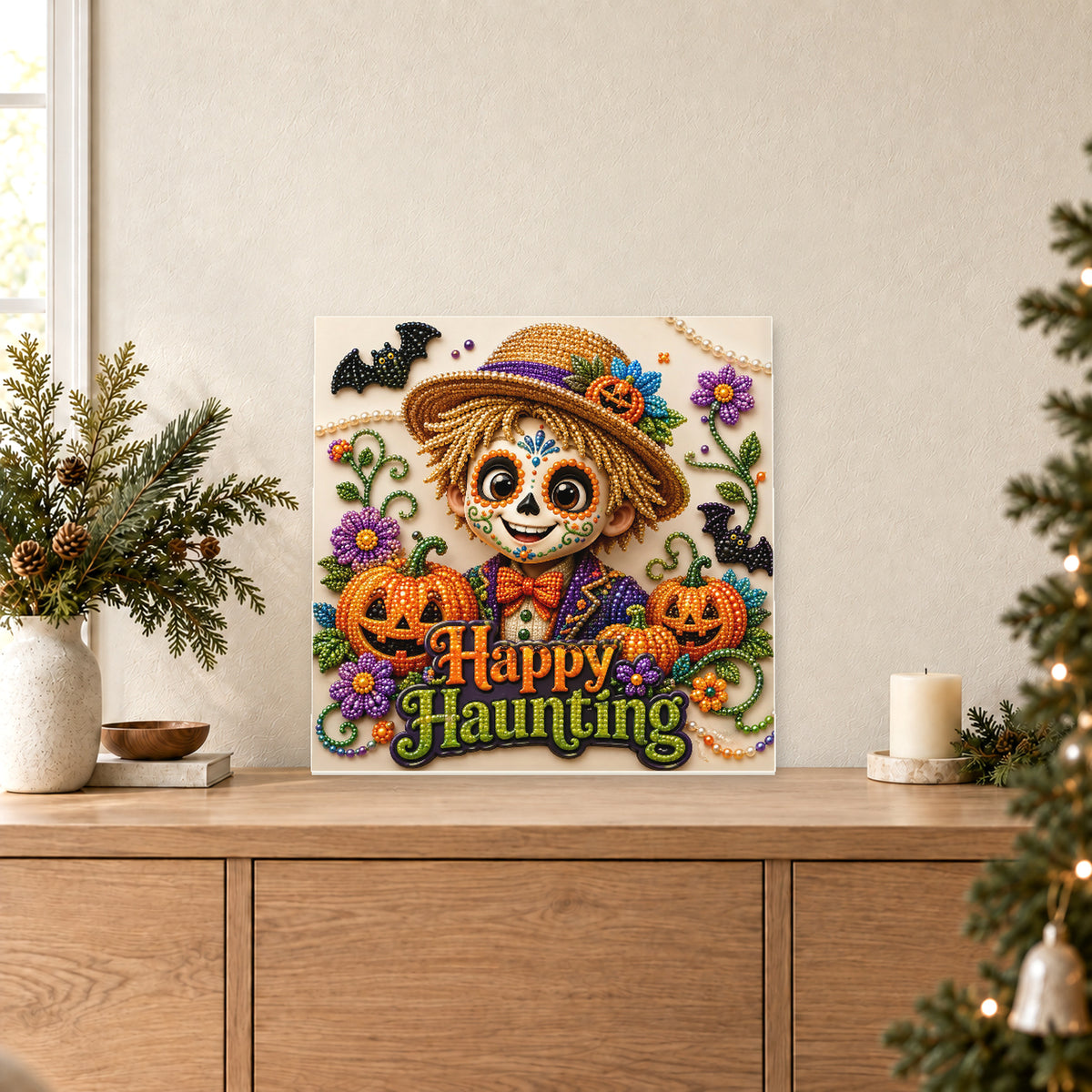 Espantapájaros de calavera de azúcar con Happy Haunting