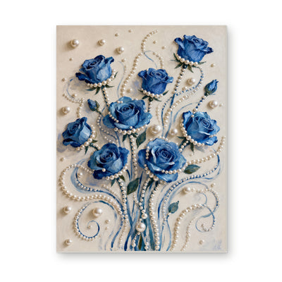 Straight dimensional white-background mockup of the complete artwork — Blue Pearl Rose Bouquet. Pearl diamond painting DIY kit by Isuvio.