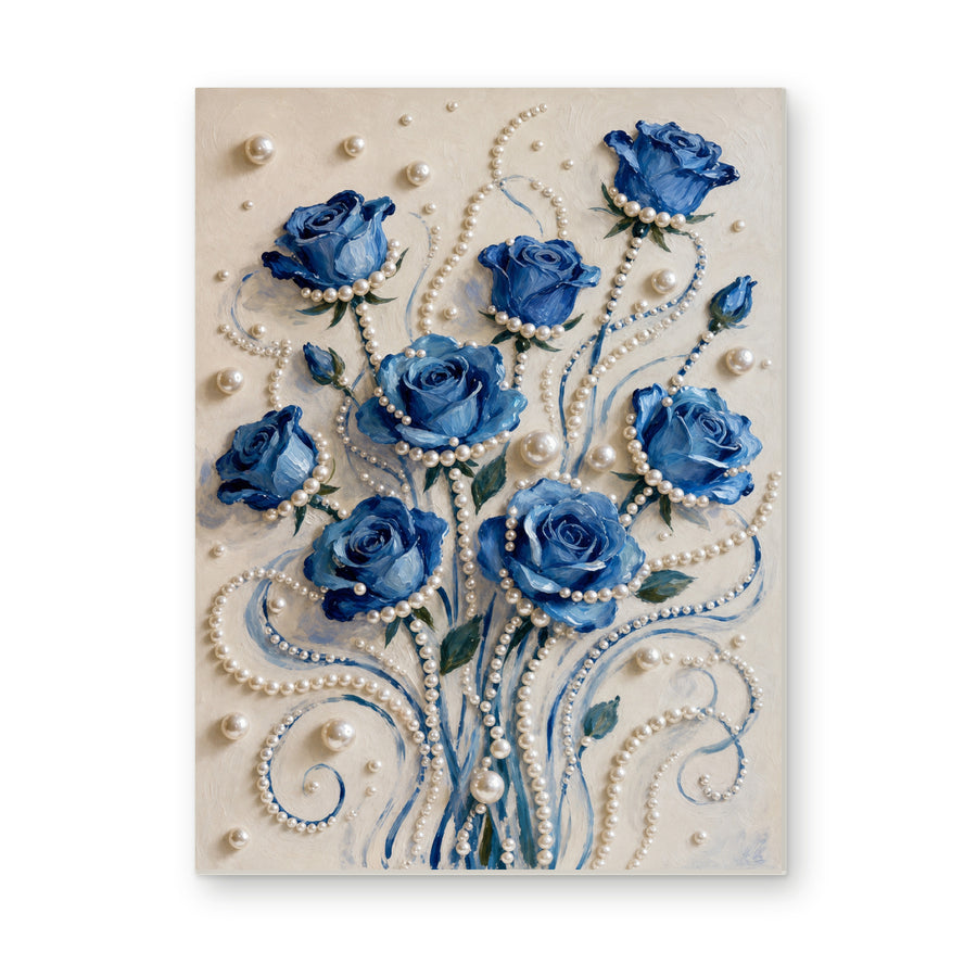 Straight dimensional white-background mockup of the complete artwork — Blue Pearl Rose Bouquet. Pearl diamond painting DIY kit by Isuvio.