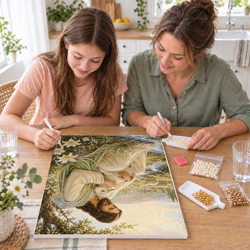 Mother and daughter creating one shared Pearl artwork — Jesus Holding a Lamb Beside a Peaceful Stream. Pearl diamond painting DIY kit by Isuvio.