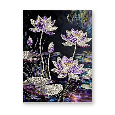 Straight dimensional white-background mockup of the complete artwork — Purple and White Water Lilies on a Dark Pond. Pearl diamond painting DIY kit by Isuvio.