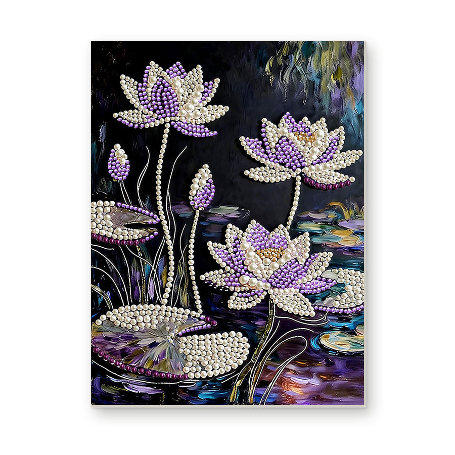 Straight dimensional white-background mockup of the complete artwork — Purple and White Water Lilies on a Dark Pond. Pearl diamond painting DIY kit by Isuvio.