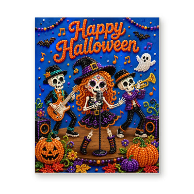 Straight dimensional white-background mockup of the complete artwork — Happy Halloween Skeleton Band. Pearl diamond painting DIY kit by Isuvio.