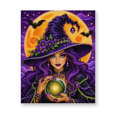 Straight dimensional white-background mockup of the complete artwork — Purple-Haired Witch Holding a Glowing Green Orb. Pearl diamond painting DIY kit by Isuvio.