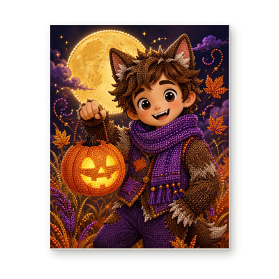 Straight dimensional white-background mockup of the complete artwork — Little Werewolf with a Pumpkin Lantern. Pearl diamond painting DIY kit by Isuvio.