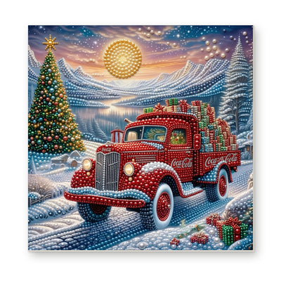 Straight dimensional white-background mockup of the complete artwork — Red Christmas Truck beside a Mountain Lake. Pearl diamond painting DIY kit by Isuvio.