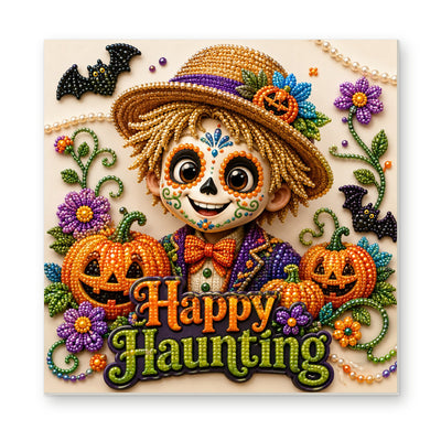 Straight dimensional white-background mockup of the complete artwork — Happy Haunting Sugar Skull Scarecrow. Pearl diamond painting DIY kit by Isuvio.