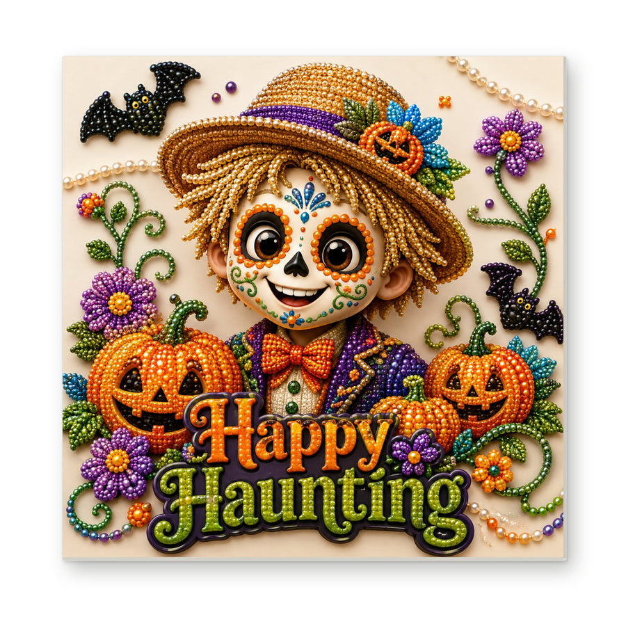 Straight dimensional white-background mockup of the complete artwork — Happy Haunting Sugar Skull Scarecrow. Pearl diamond painting DIY kit by Isuvio.