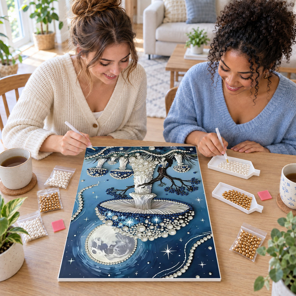 Two friends creating one shared Pearl artwork — Blue Pearl Mushrooms Under a Full Moon. Pearl diamond painting DIY kit by Isuvio.
