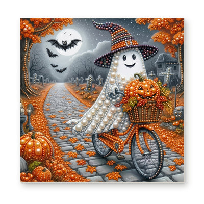 Straight dimensional white-background mockup of the complete artwork — Bicycle Ghost with a Basket of Pumpkins. Pearl diamond painting DIY kit by Isuvio.