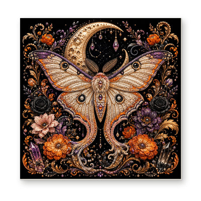 Straight dimensional white-background mockup of the complete artwork — Golden Moth Beneath a Crescent Moon and Autumn Flowers. Pearl diamond painting DIY kit by Isuvio.