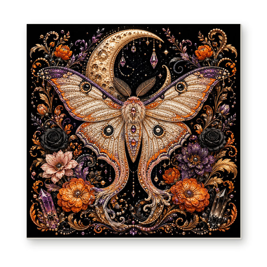 Straight dimensional white-background mockup of the complete artwork — Golden Moth Beneath a Crescent Moon and Autumn Flowers. Pearl diamond painting DIY kit by Isuvio.