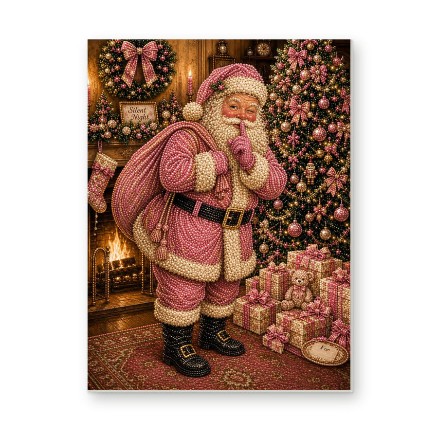 Straight dimensional white-background mockup of the complete artwork — Pink Santa Beside a Rose-Colored Christmas Tree. Pearl diamond painting DIY kit by Isuvio.