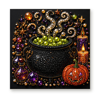 Straight dimensional white-background mockup of the complete artwork — Bubbling Green Cauldron with Halloween Candles. Pearl diamond painting DIY kit by Isuvio.