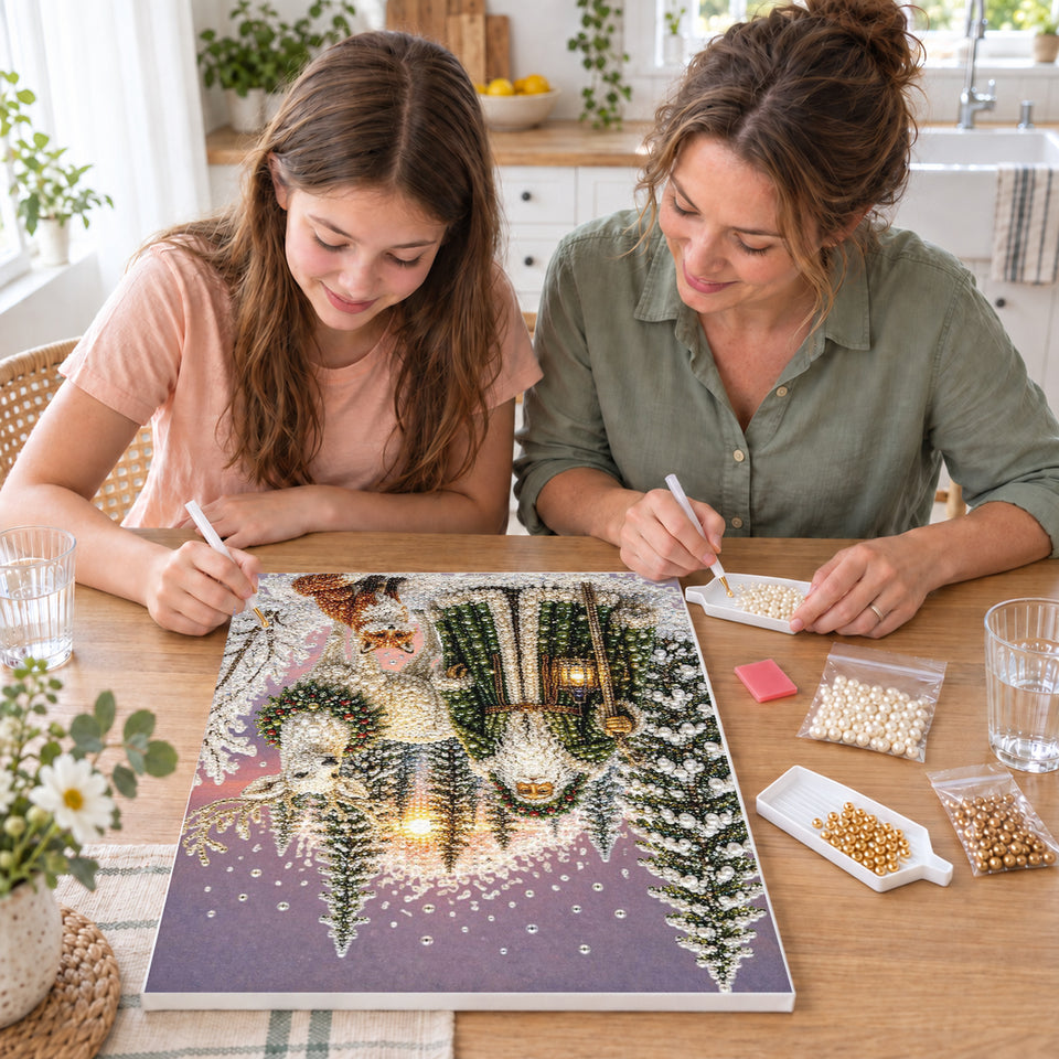 Mother and daughter creating one shared Pearl artwork — Forest Father Christmas and Fox. Pearl diamond painting DIY kit by Isuvio.