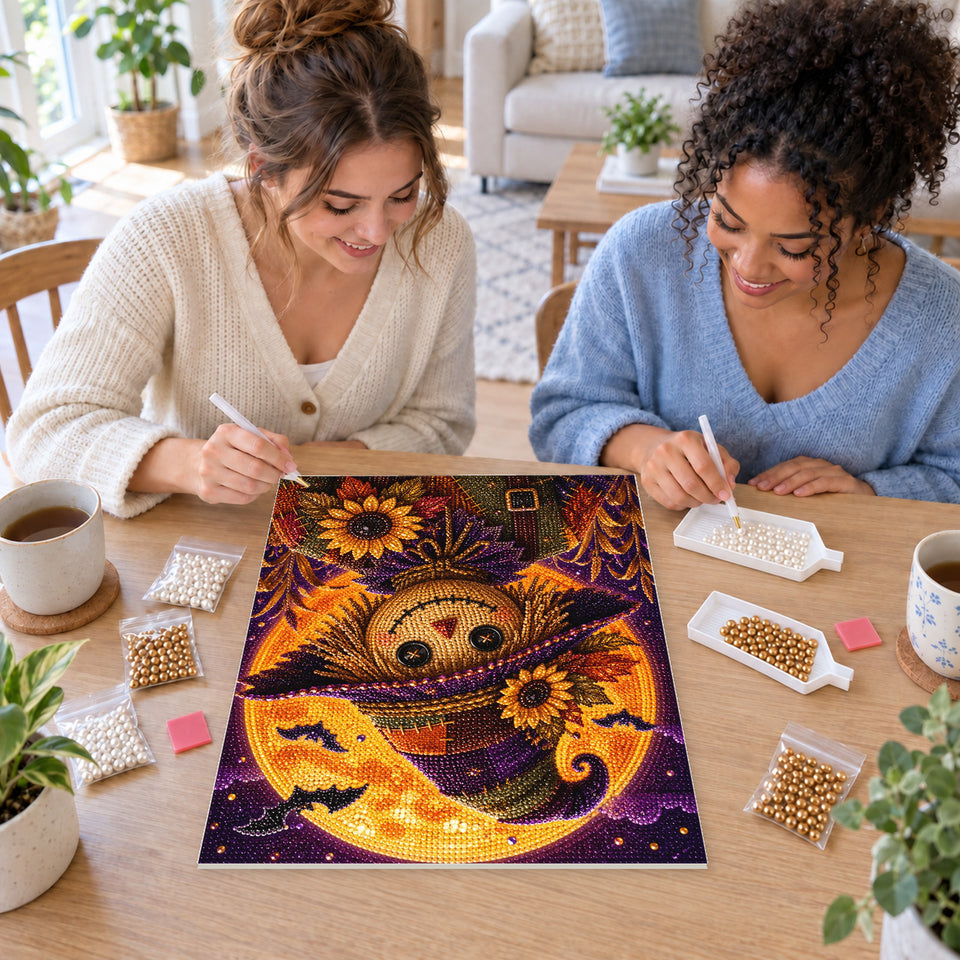 Two friends creating one shared Pearl artwork — Smiling Scarecrow with Sunflowers Under an Orange Moon. Pearl diamond painting DIY kit by Isuvio.