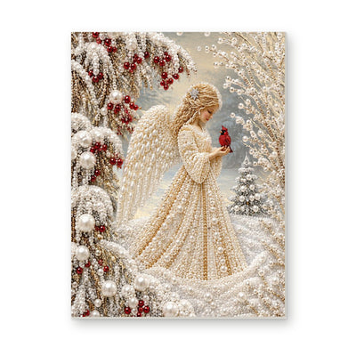 Straight dimensional white-background mockup of the complete artwork — Angel in Snow with Cardinal. Pearl diamond painting DIY kit by Isuvio.