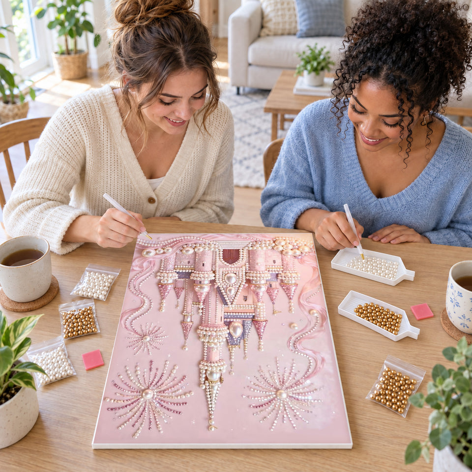 Two friends creating one shared Pearl artwork — Pink Fairytale Castle Fireworks. Pearl diamond painting DIY kit by Isuvio.