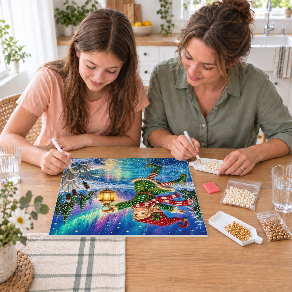 Mother and daughter creating one shared Pearl artwork — Ice-Skating Elf with a Glowing Lantern. Pearl diamond painting DIY kit by Isuvio.