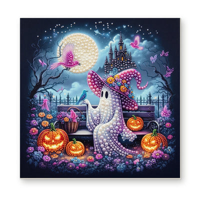 Straight dimensional white-background mockup of the complete artwork — Ghost in a Purple Witch Hat by a Moonlit Castle. Pearl diamond painting DIY kit by Isuvio.