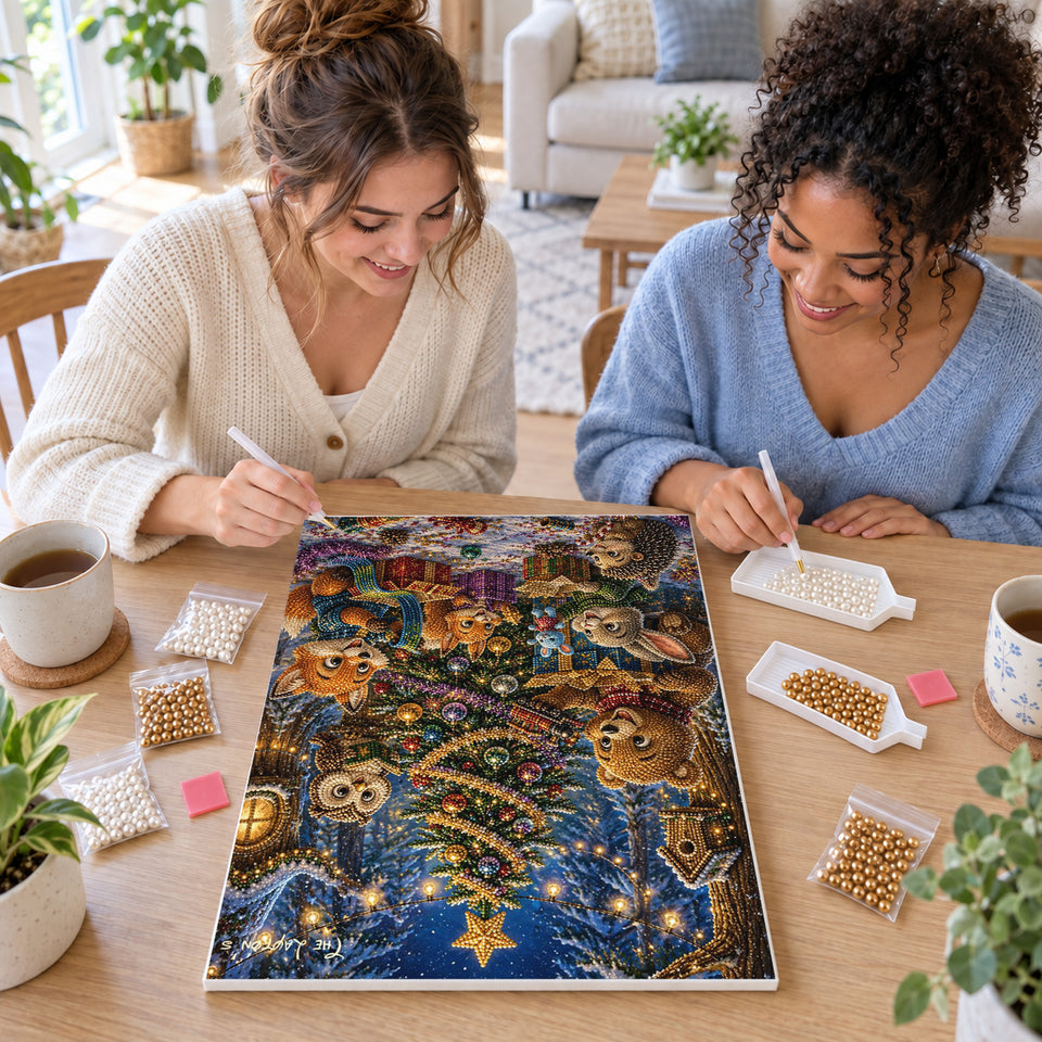Two friends creating one shared Pearl artwork — Woodland Friends around the Christmas Tree. Pearl diamond painting DIY kit by Isuvio.