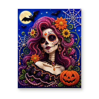 Straight dimensional white-background mockup of the complete artwork — Magenta-Haired Sugar Skull Portrait. Pearl diamond painting DIY kit by Isuvio.
