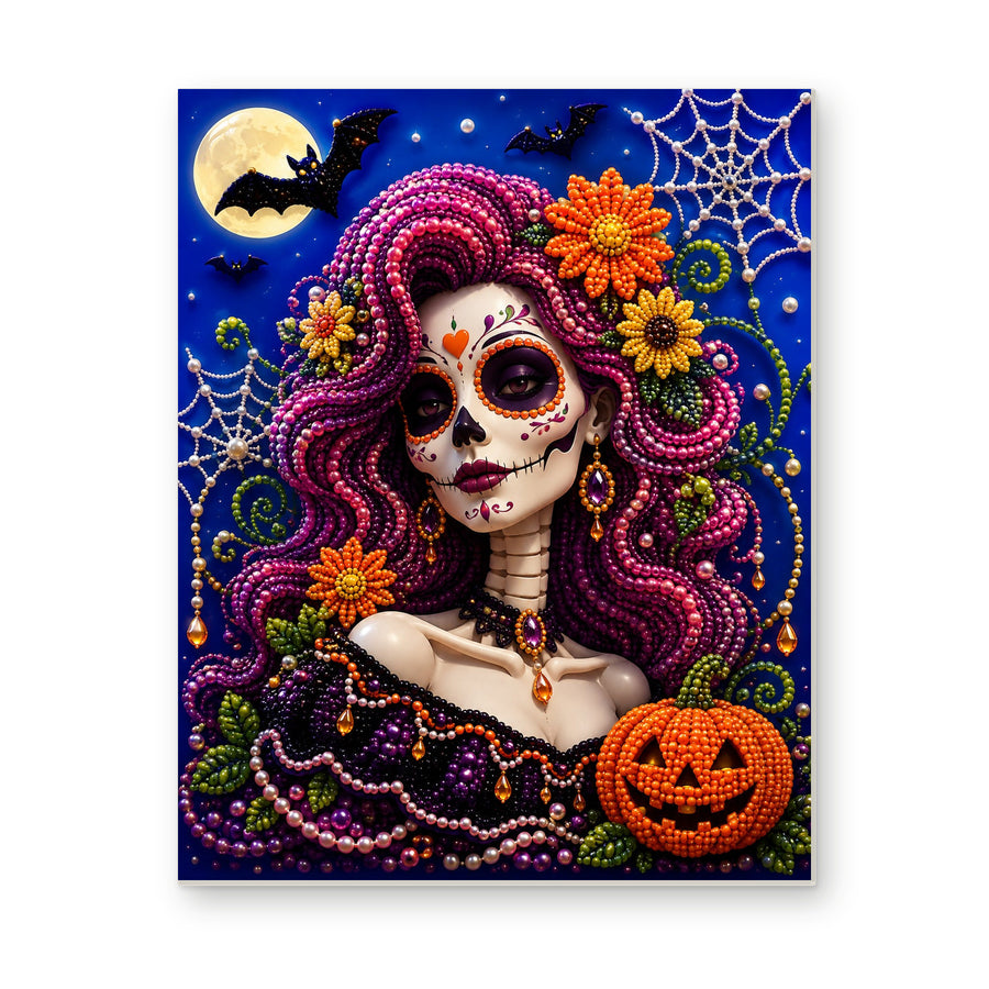 Straight dimensional white-background mockup of the complete artwork — Magenta-Haired Sugar Skull Portrait. Pearl diamond painting DIY kit by Isuvio.