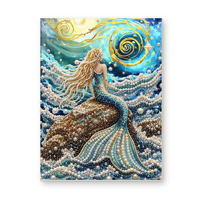 Straight dimensional white-background mockup of the complete artwork — Mermaid Under the Golden Moon. Pearl diamond painting DIY kit by Isuvio.