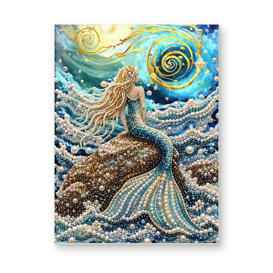 Straight dimensional white-background mockup of the complete artwork — Mermaid Under the Golden Moon. Pearl diamond painting DIY kit by Isuvio.