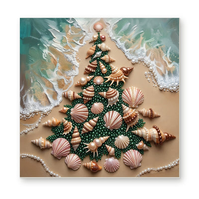 Straight dimensional white-background mockup of the complete artwork — Seashell Christmas Tree by the Ocean. Pearl diamond painting DIY kit by Isuvio.