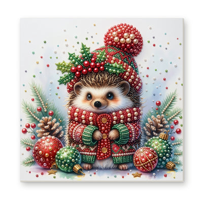 Straight dimensional white-background mockup of the complete artwork — Christmas Hedgehog among Colorful Baubles. Pearl diamond painting DIY kit by Isuvio.