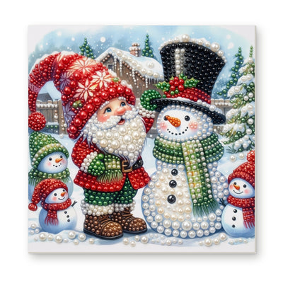 Straight dimensional white-background mockup of the complete artwork — Christmas Gnome and Snowman Friends. Pearl diamond painting DIY kit by Isuvio.