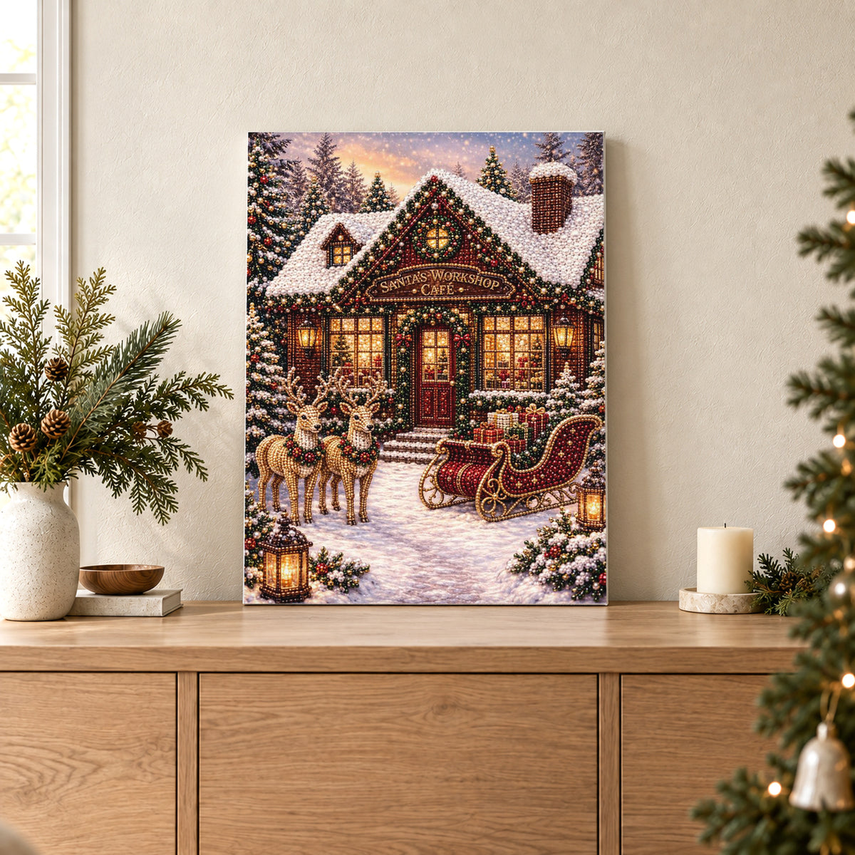Verschneiter Weihnachtsladen mit Rentieren und Schlitten